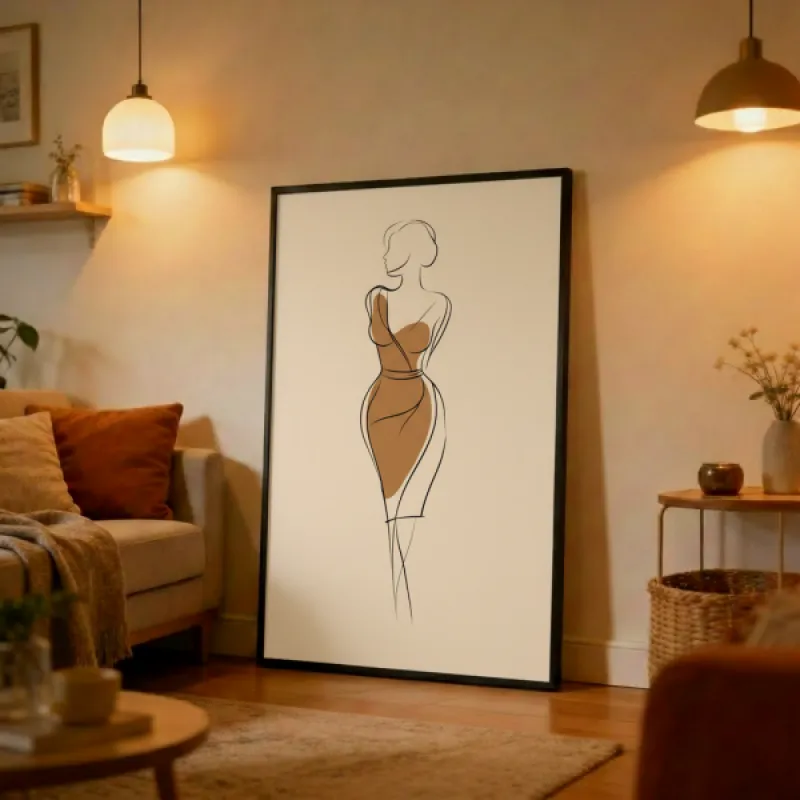 Minimalistische lijntekening van een vrouw in een bruin one-shoulder jurkje op een beige achtergrond.
