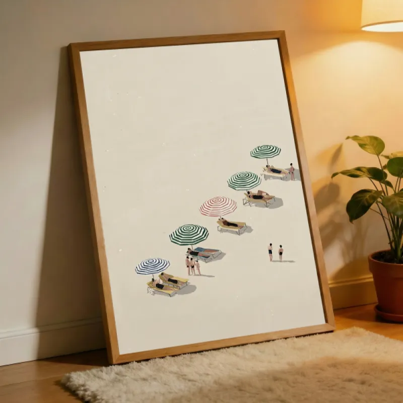 Bovenaanzicht illustratie van mensen op ligbedden onder gestreepte parasols op een zandstrand.