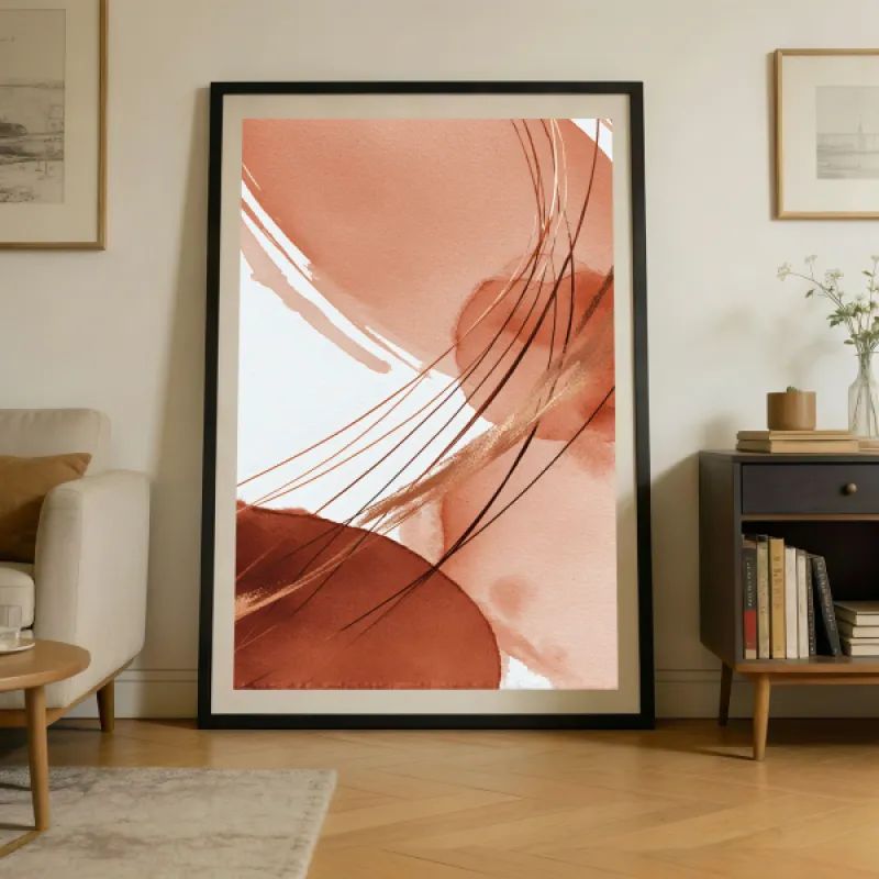Abstracte aquarel poster met terracotta en blush vlakken en dunne sierlijke lijnen op witte achtergrond.