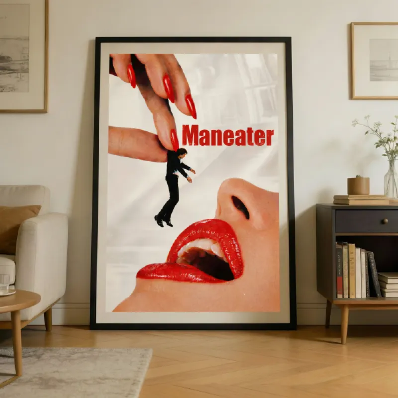 Retro collage poster featuring red lips, long red nails holding a tiny man, with bold red 'Maneater' text.