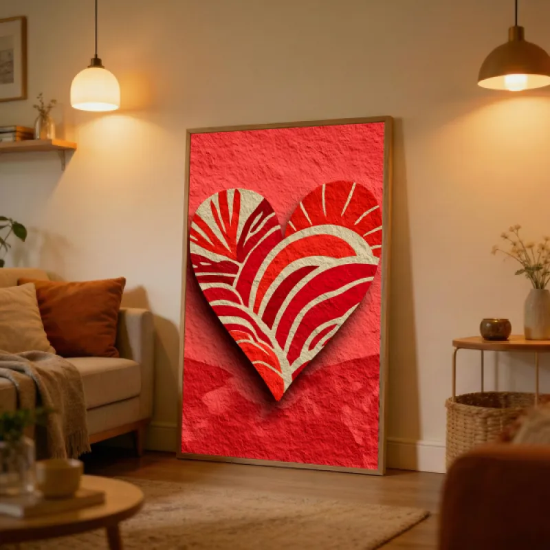 Heart shape with red and beige flowing wave lines on a red textured background.