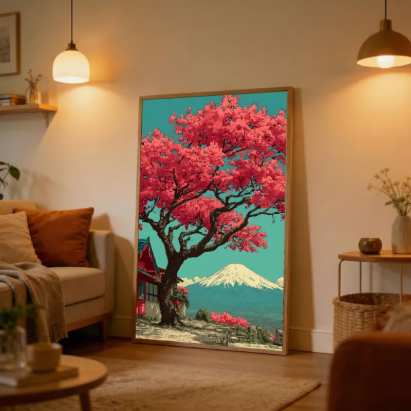 Illustratie van een grote roze kersenbloesemboom naast een rood Japans gebouw, met de besneeuwde Fuji op de achtergrond.
