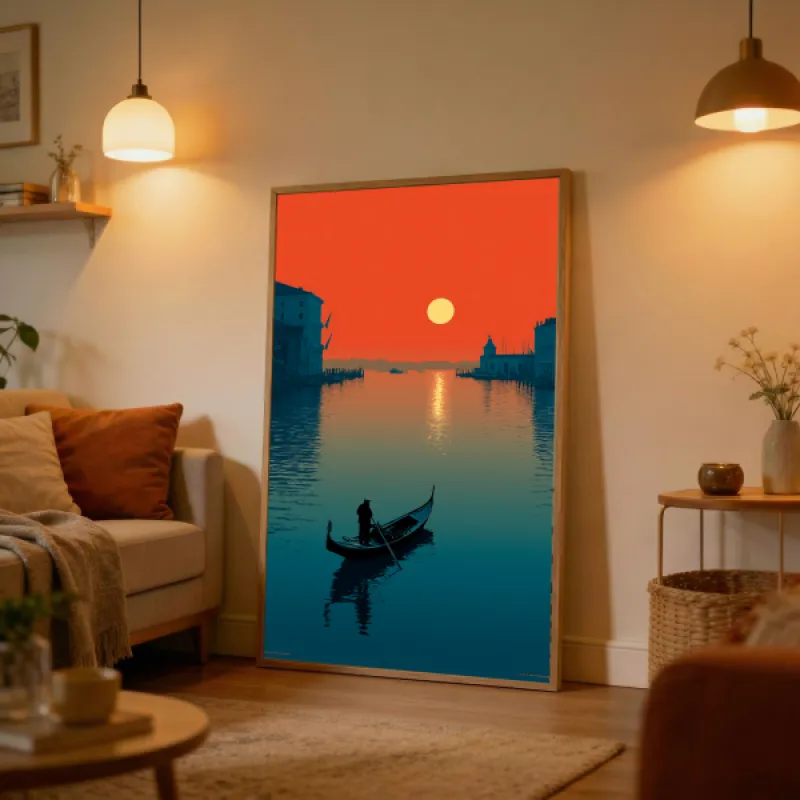 Silhouet van een gondelier op het Canal Grande in Venetië bij zonsondergang met vuurrode lucht.