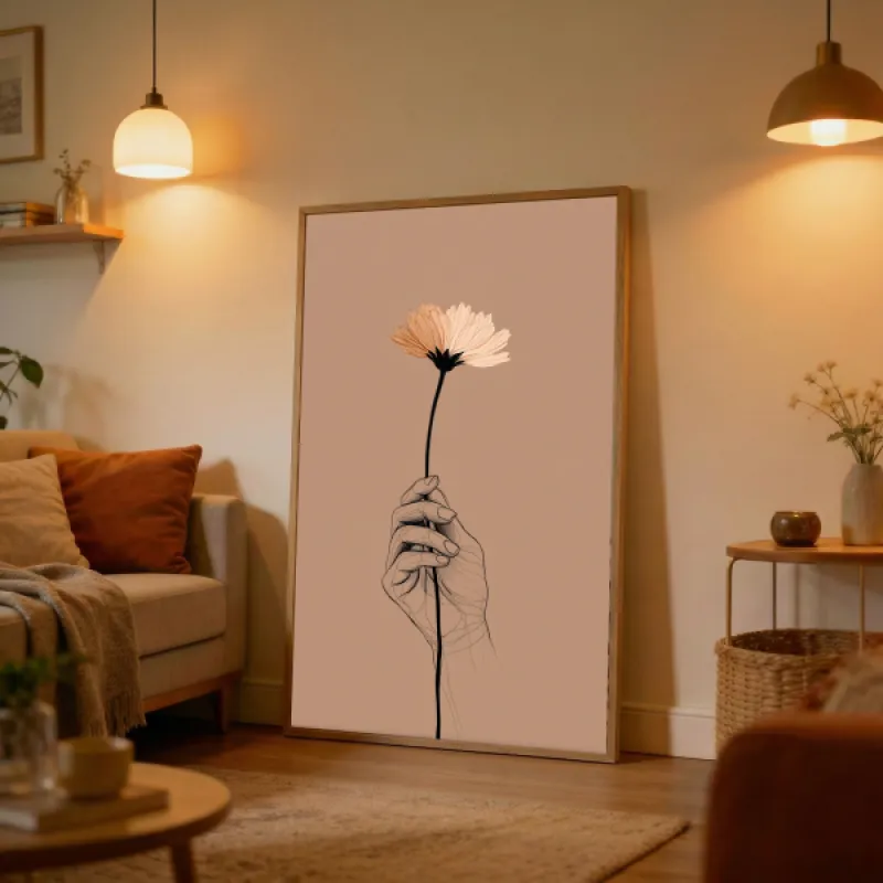 Line drawing of a hand holding a single flower upward against a warm beige background.