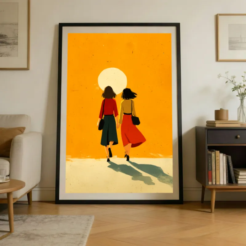 Illustratie van twee vrouwen van achteren, hand in hand lopend voor een grote gele achtergrond met witte zon.