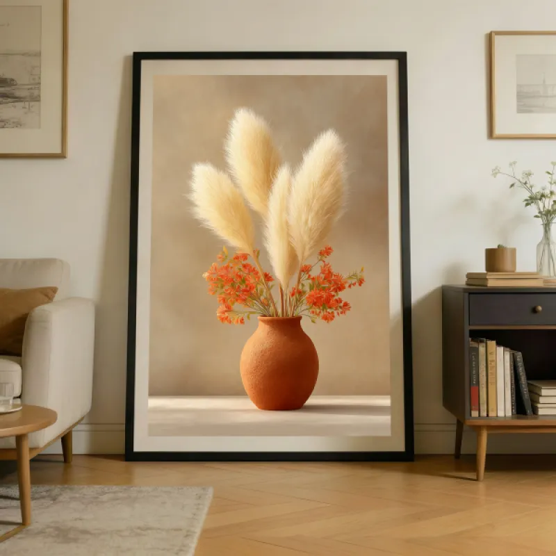 Terracotta vaas met pampagras en oranje bloemen op een beige achtergrond, geschilderde stijl.