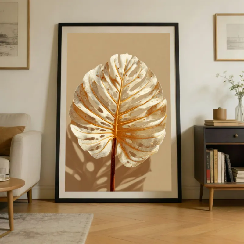 Witte monstera blad met gouden nerven op een warme beige achtergrond met schaduw.