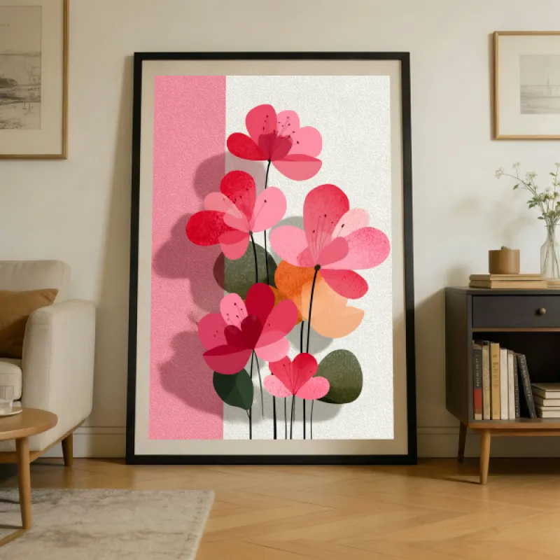 Abstracte illustratie van roze en rode bloemen op een gesplitste roze en witte achtergrond met groene en oranje accenten.