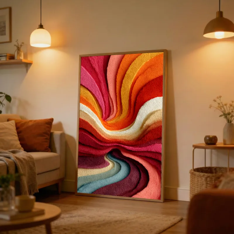 Abstract swirling layered shapes in red, orange, pink, cream and teal with a rich textured surface.