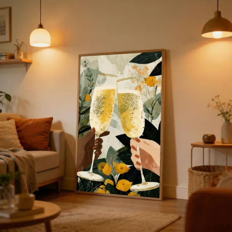 Twee handen heffen champagneglazen in een illustratieve stijl met botanische achtergrond in groen, goud en geel.