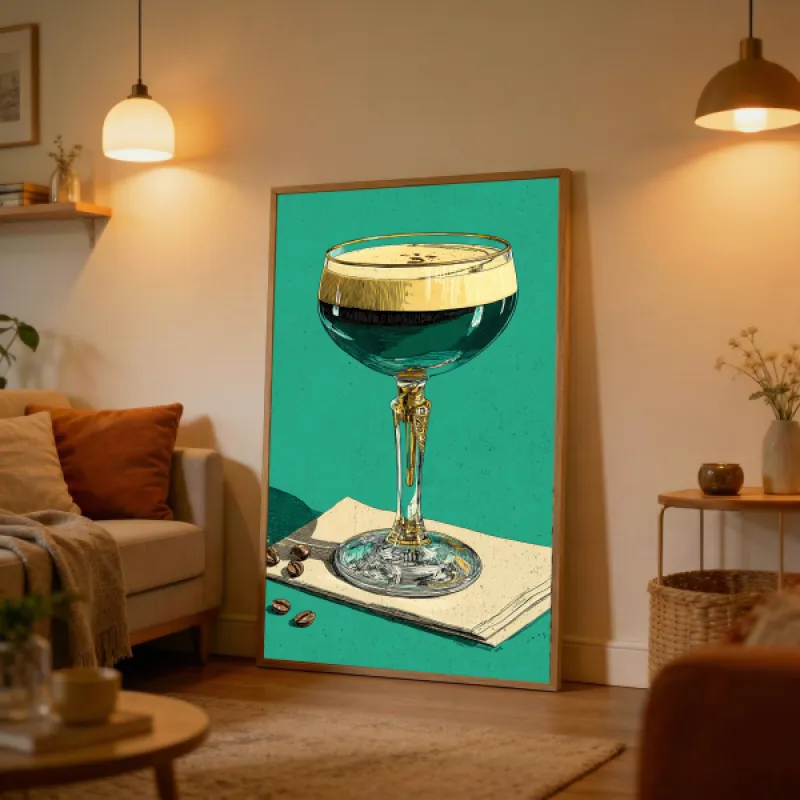 Vintage illustratie van een espresso martini in een coupe glas met gouden details op groene achtergrond met koffiebonen.