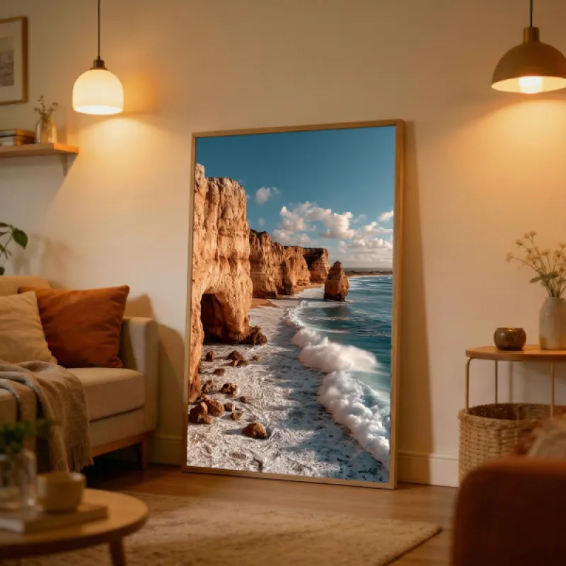 Gouden rotsformaties langs een zandstrand met brekende golven en een blauwe lucht met wolken.