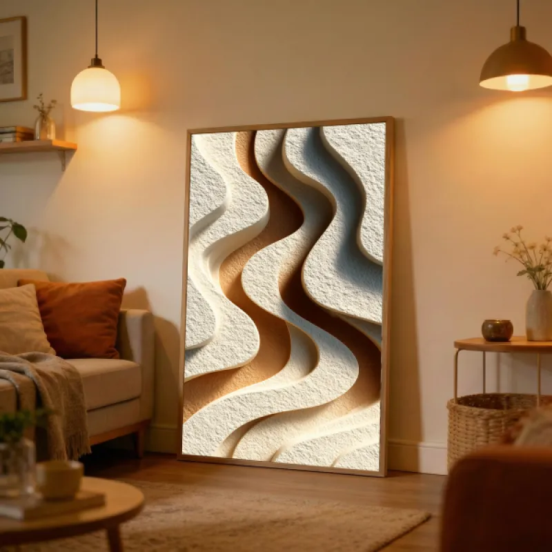 Close-up of flowing wavy layered forms in cream, beige and sandy brown with soft shadows.