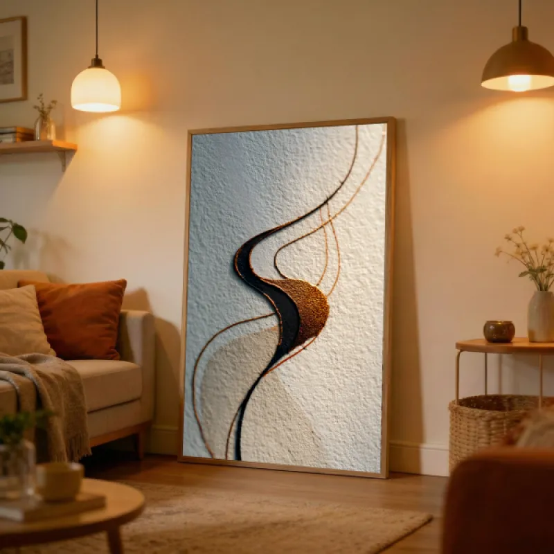 Close-up of abstract art with flowing swirling shapes in black and copper gold on a textured cream background.
