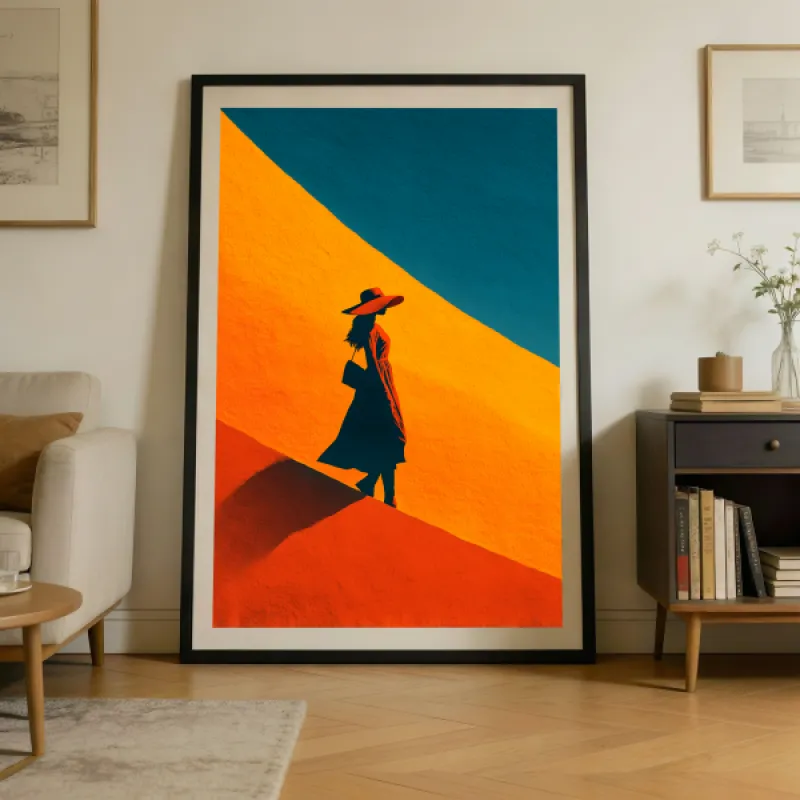 Silhouet van een vrouw met brede hoed en tas tegen een oranje en teal geometrische achtergrond.