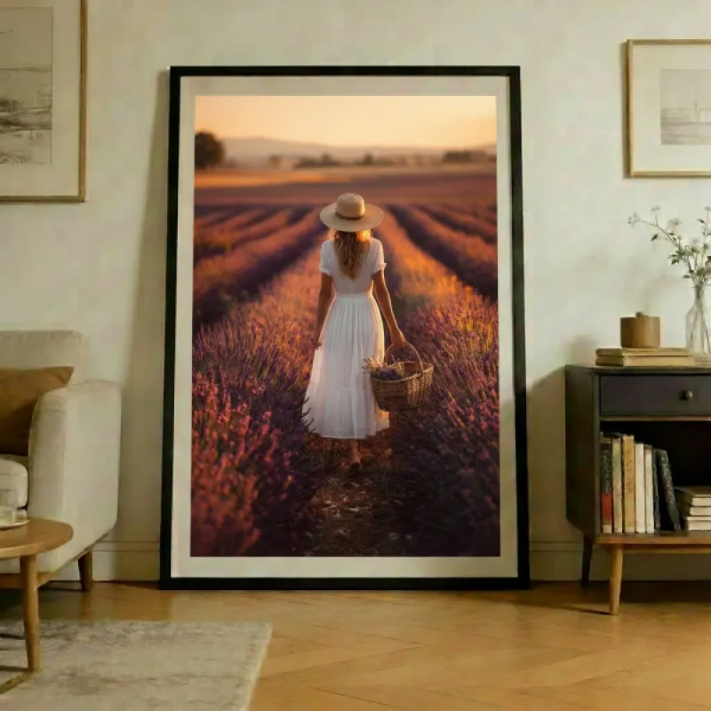 Woman in white dress and straw hat walking through a blooming lavender field at sunset, carrying a wicker basket.