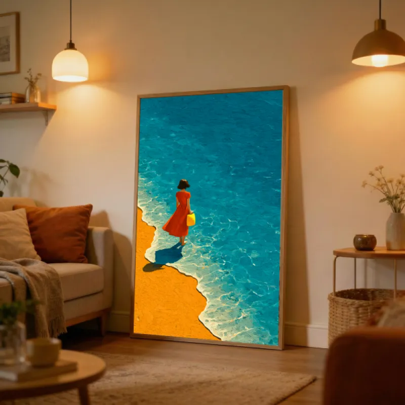 Woman in a red dress holding a yellow bag stands at the shoreline of a turquoise sea on a sunny sandy beach.