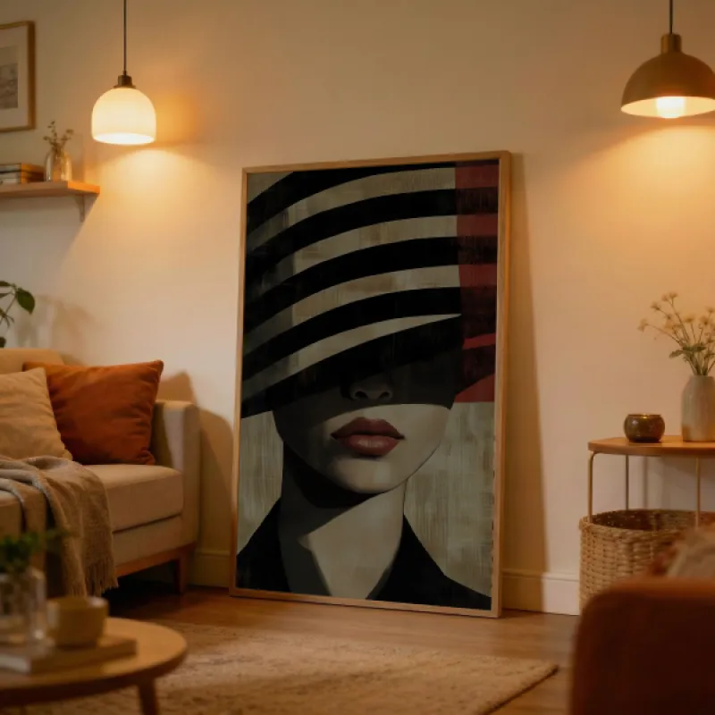 Illustrated woman wearing a wide striped hat covering her eyes, bold red lips, gold and red geometric background.