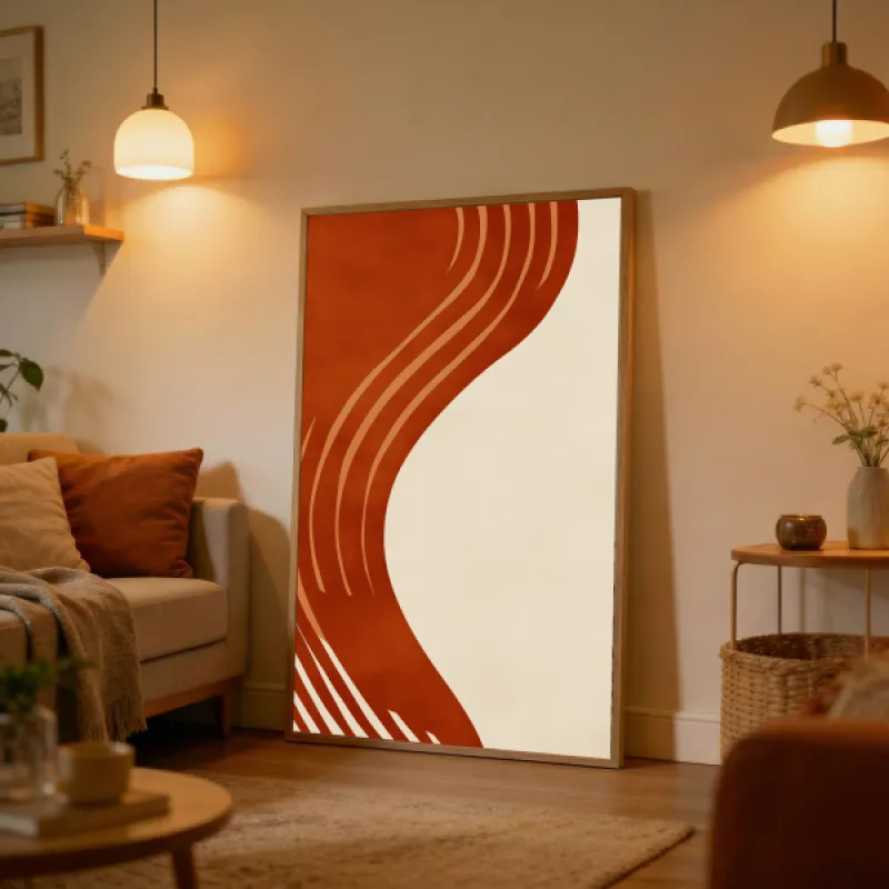 Abstract art print with flowing terracotta wave shapes on a cream background.