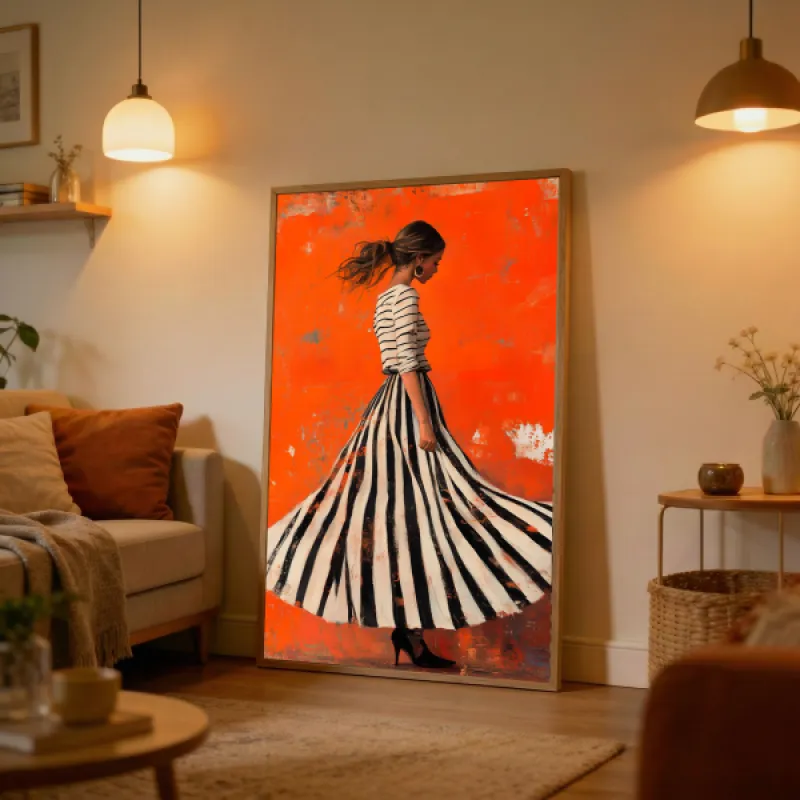 Painterly poster of a woman in a flowing black and white striped skirt against a bold orange background.