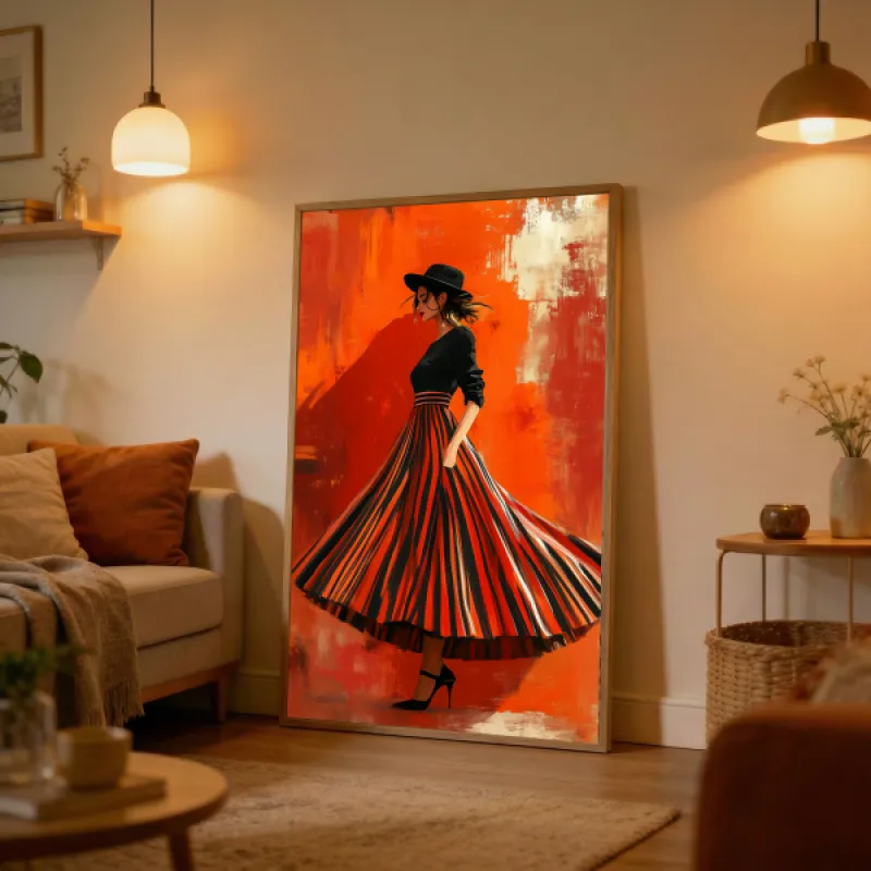 Illustration of a woman in a black hat and flowing striped skirt against a bold orange-red background.