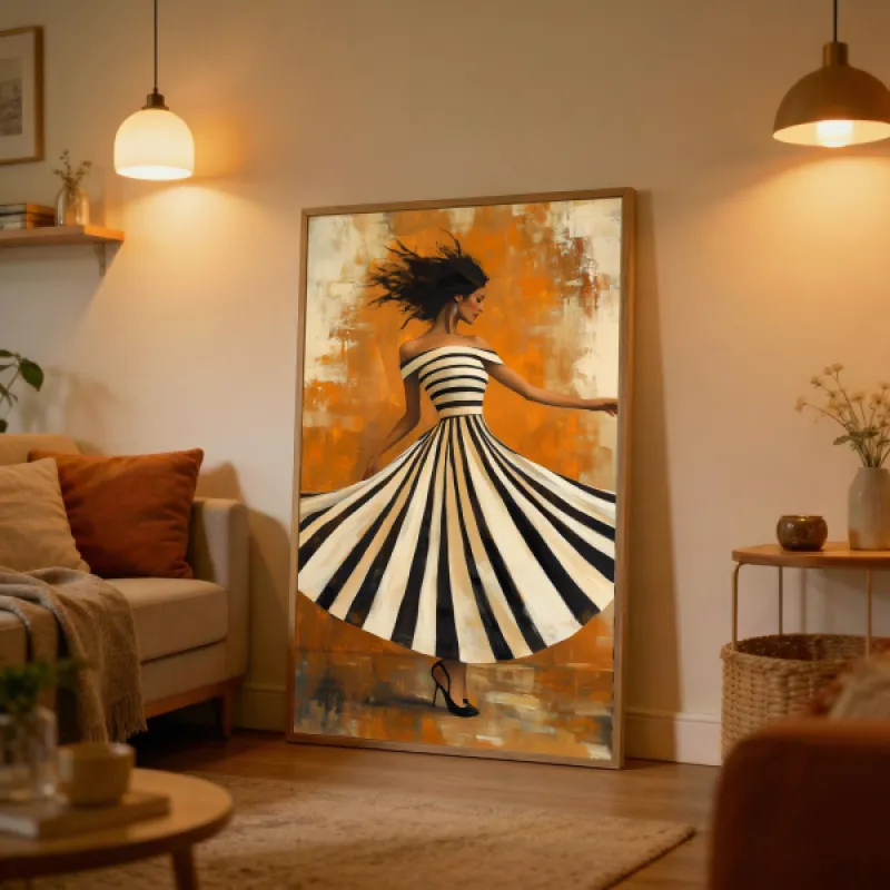 Painting-style poster of a dancing woman in a black-and-white striped dress against a warm orange background.