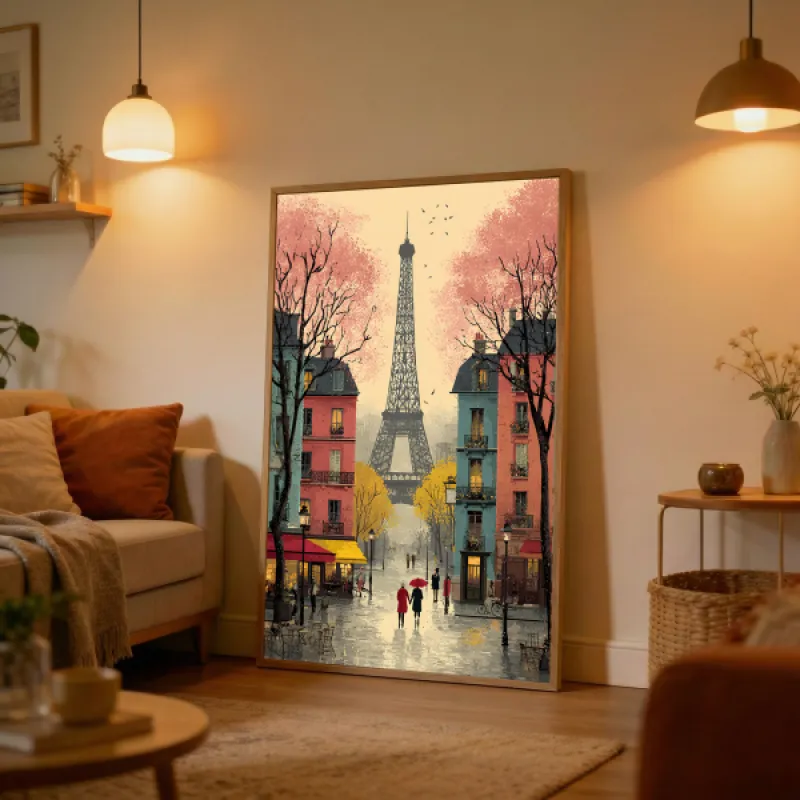 Illustratie van een Parijse straat met de Eiffeltoren op de achtergrond, een stel met rode paraplu op de voorgrond.