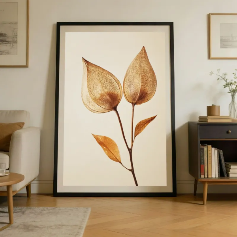 Two dried physalis husks on a stem with leaves against a soft beige background.