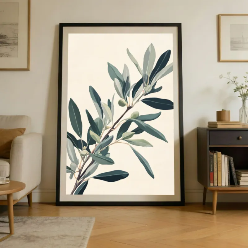 Illustratie van een olijftak met groene bladeren en kleine olijven op een crèmekleurige achtergrond.