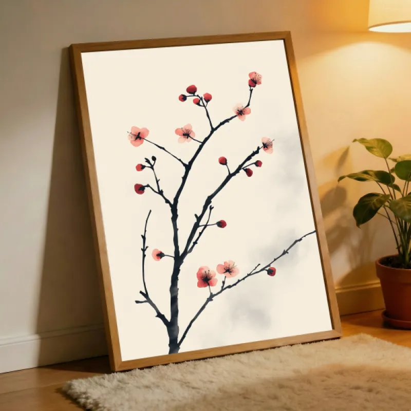 Illustratie van een bloeiende tak met rode en roze kersenbloesems op een crème achtergrond in Japanse inktstijl.