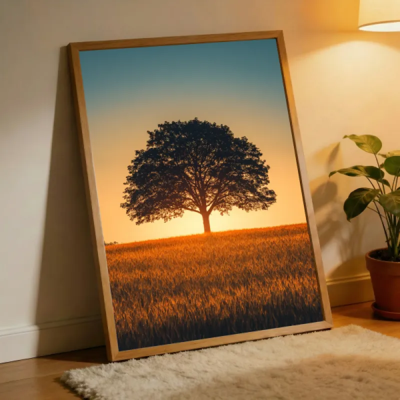 Silhouette of a lone tree standing in a golden wheat field at sunset, with a warm orange to teal gradient sky.