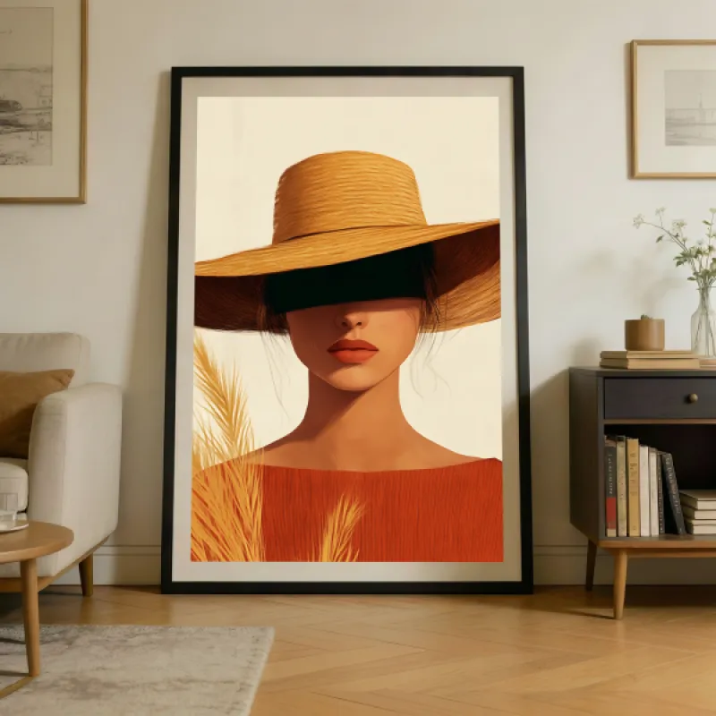 Illustration of a woman in a wide-brim straw hat and terracotta top, with dried pampas grass in the foreground.