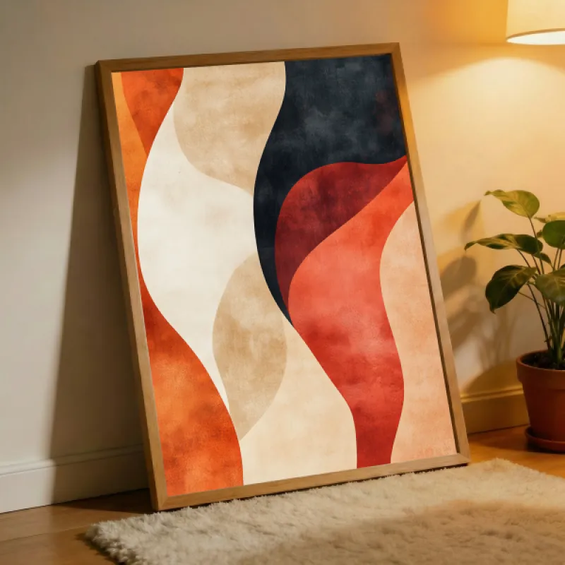Abstract poster with flowing curved shapes in orange, terracotta, red, cream and dark navy.