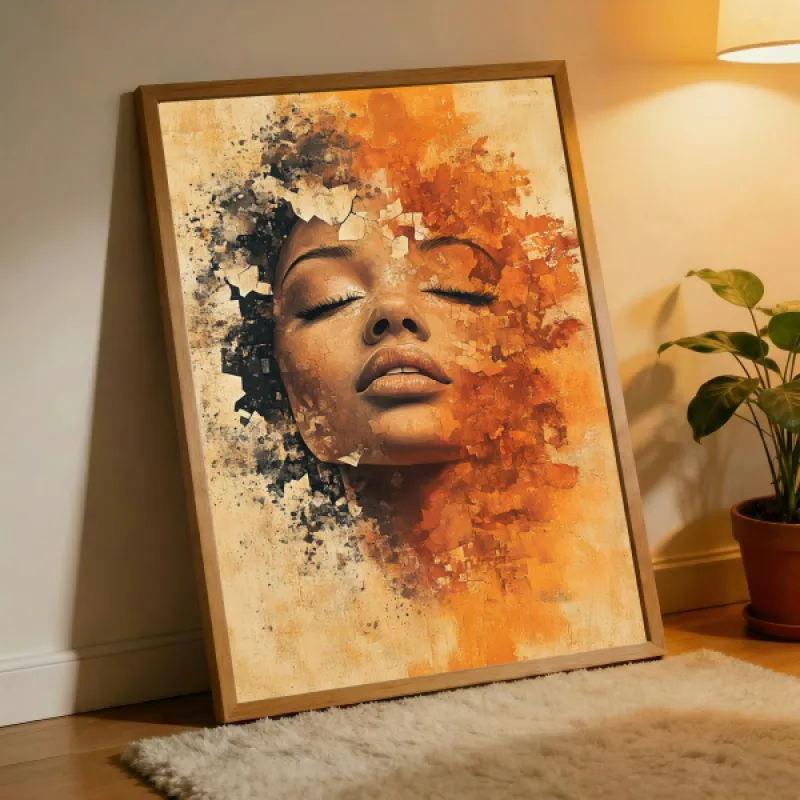 Close-up portret van een vrouw met gesloten ogen, omgeven door uitspattende oranje en zwarte textuur op een warme beige achtergrond.