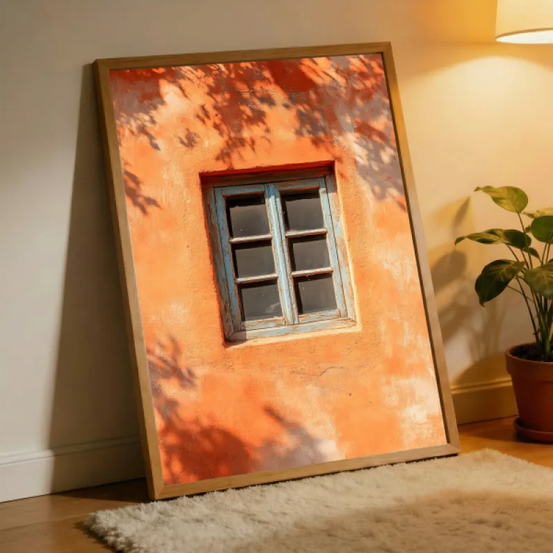 Oud blauw houten raam in een terracotta gestuukte muur met bladschaduwen in warm zonlicht.