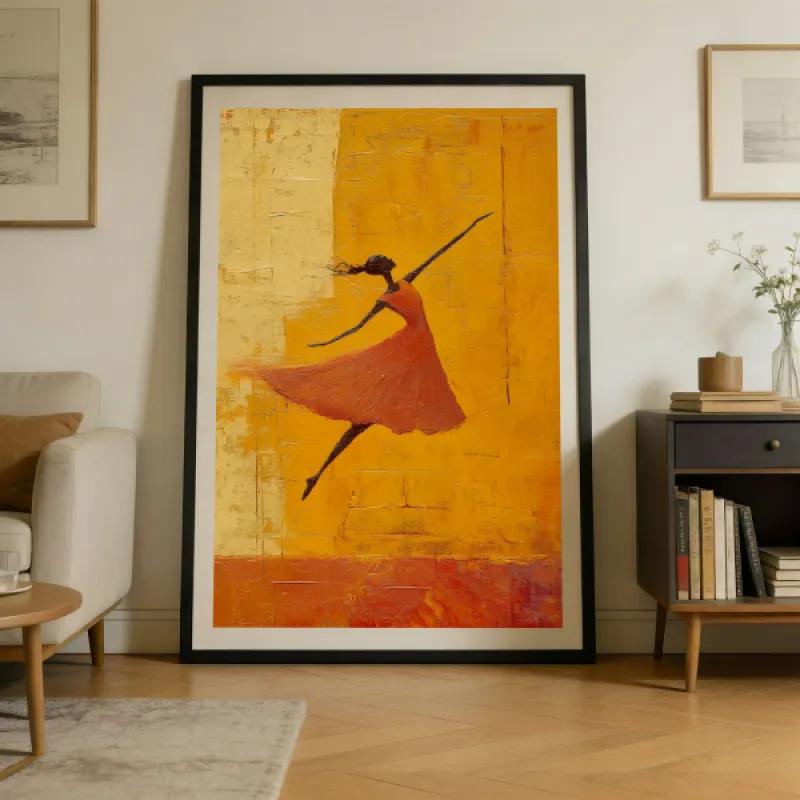 Geschilderde dansende vrouw in oranje jurk op een gouden en okergele achtergrond, figuratieve stijl.