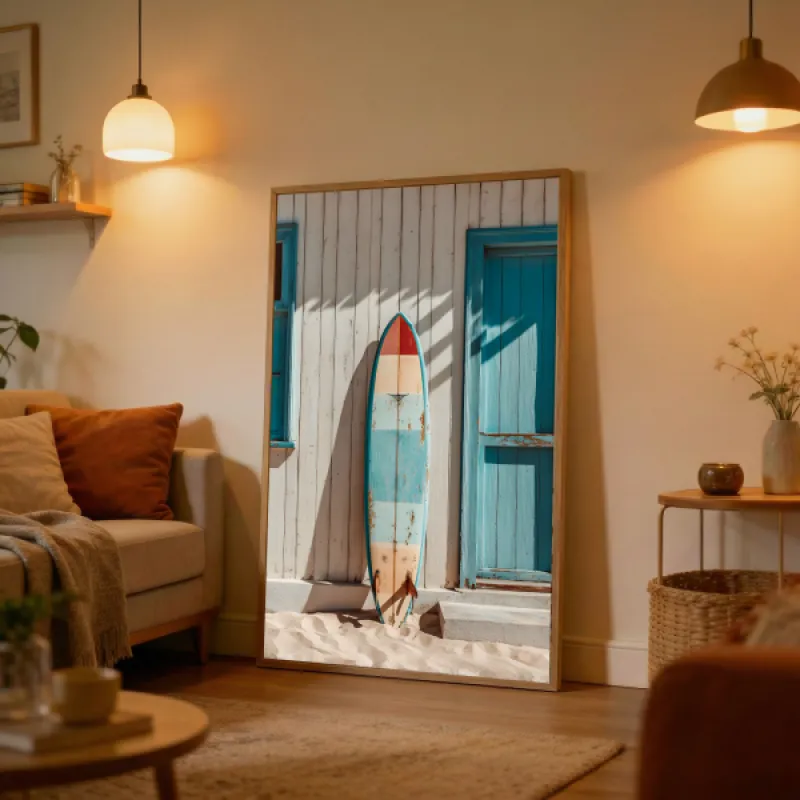 Vintage surfboard met strepen in blauw, rood en crème leunend tegen witte houten muur met turkooizen deuren en zand.