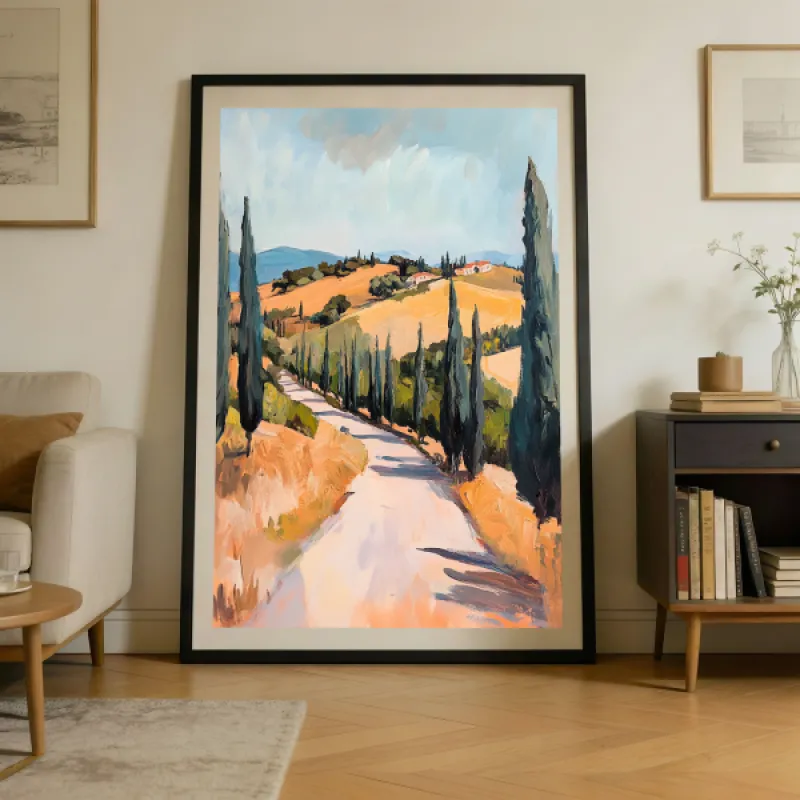 Schilderij van een Toscaans landschap met een wit landweggetje, cipressen en gouden heuvels met witte villa's.