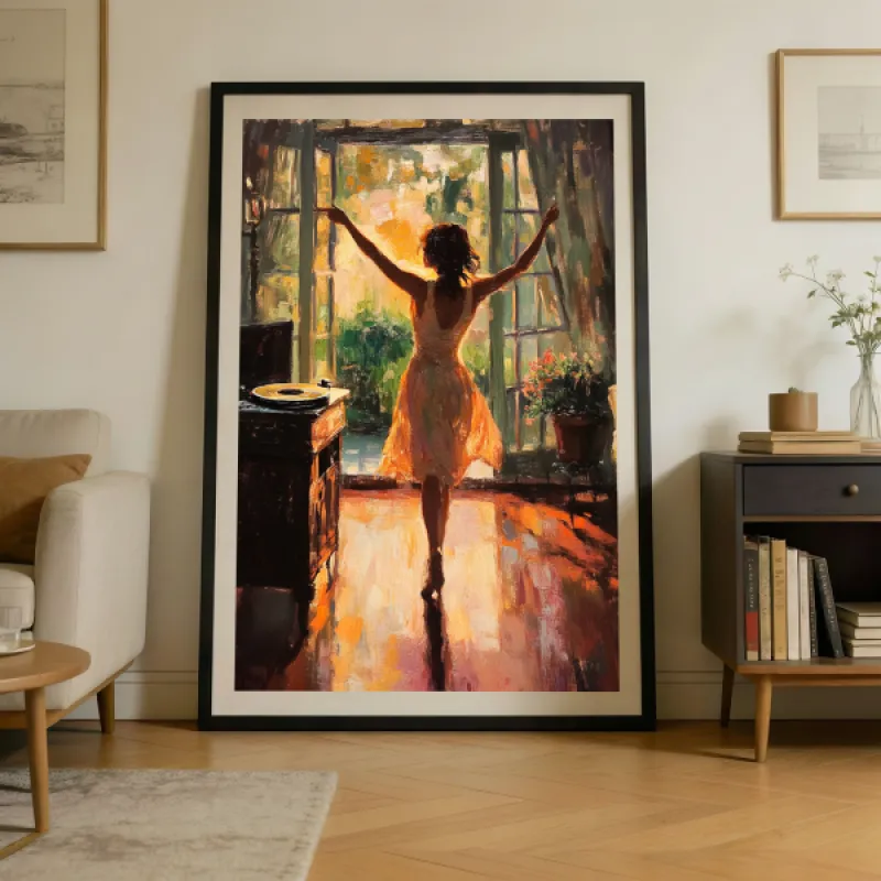 Schilderij van een dansende vrouw in witte jurk bij een open raam, met een platenspeler links en warm gouden licht.