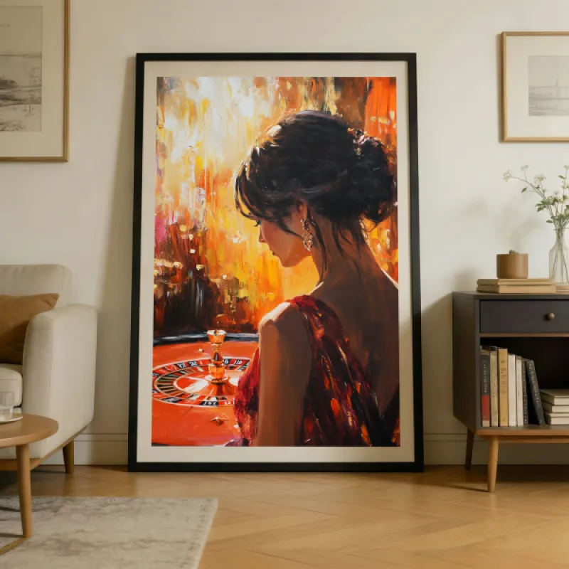 Painting of a woman in a red dress seen from behind at a roulette table, warm golden background.