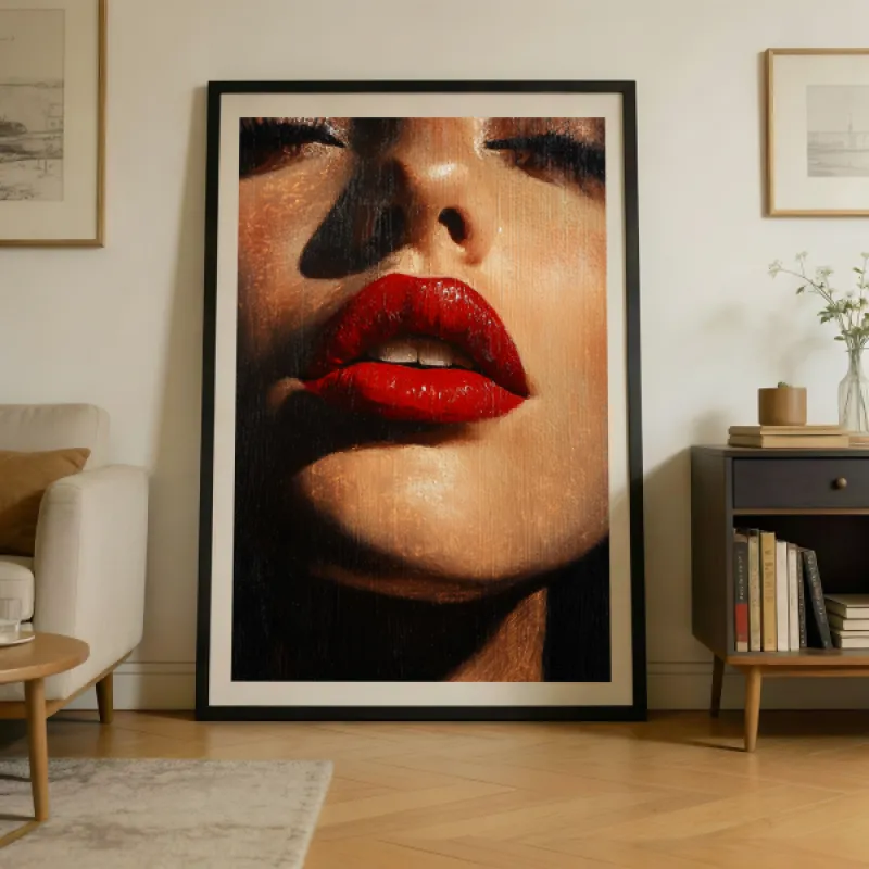 Close-up painting of a woman's face with bold red lips and closed eyes, dramatic shadows in warm earth tones.
