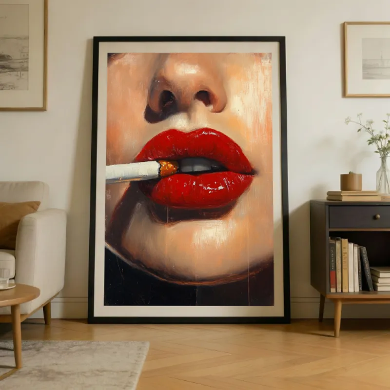 Close-up schilderij van vrouw met rode lippen en een sigaret in haar mond, warme huidtinten.