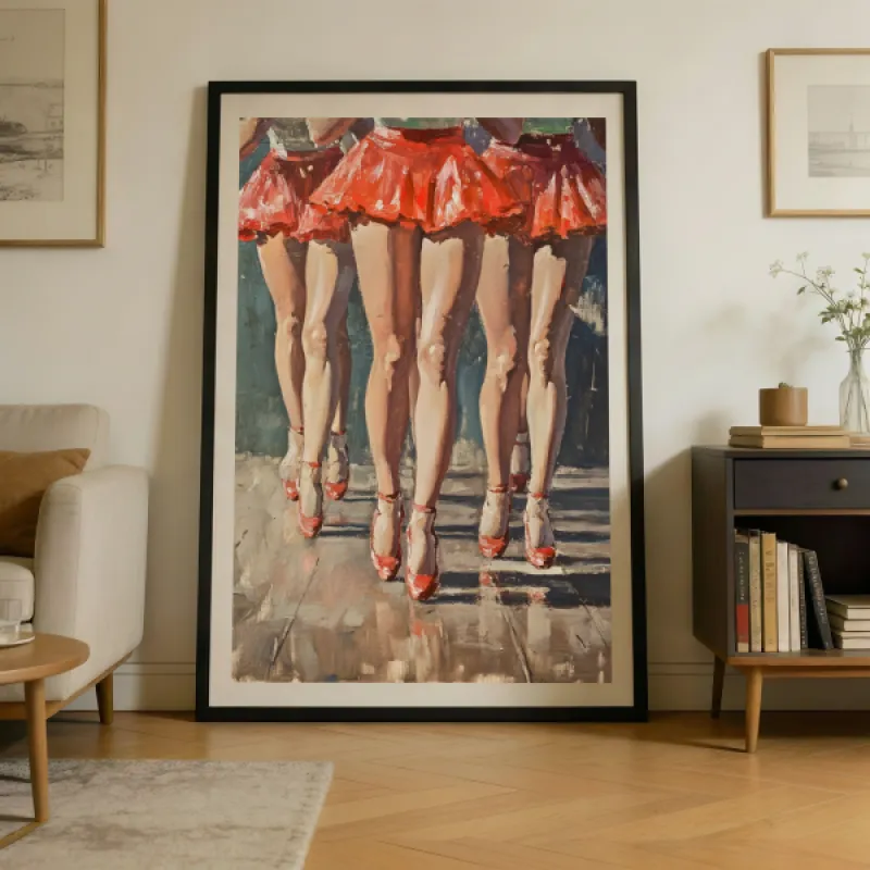 Olieverfschilderij van dansers in rode minirokjes en rode hakken op een verlicht podium.