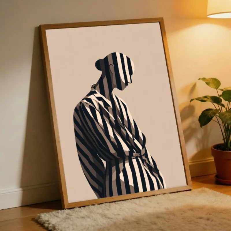 Illustration of a woman from behind in a striped robe against a beige background, graphic minimalist style.