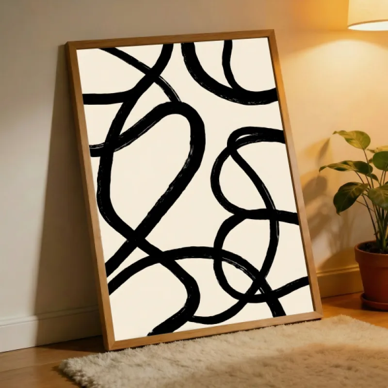 Abstract poster with thick black swirling lines on a warm cream background.