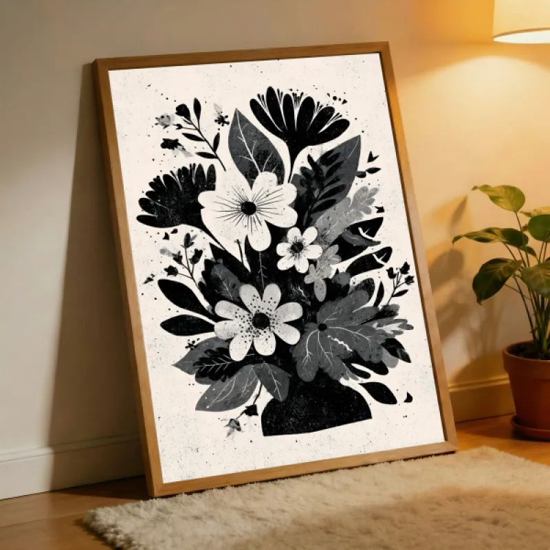 Grafische illustratie van een weelderig bloemboeket in een vaas, in zwart, wit en grijstinten op crèmekleurige achtergrond.