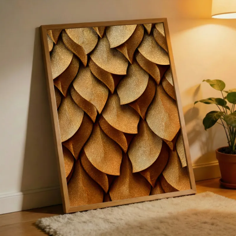 Close-up of an abstract pattern of overlapping leaf-shaped forms in golden and brown earth tones.