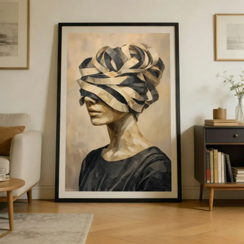 Schilderachtig portret van een vrouw in profiel met zwart-beige linten om haar hoofd en ogen gewikkeld, aardkleurige achtergrond.