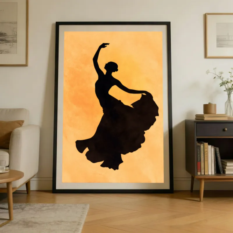 Black silhouette of a flamenco dancer with a sweeping ruffled skirt on a warm golden watercolor background.