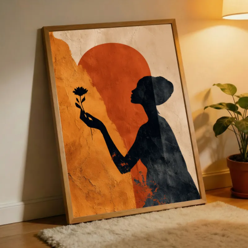 Black silhouette of a woman holding up a flower, set against a round red sun on an orange and cream textured background.